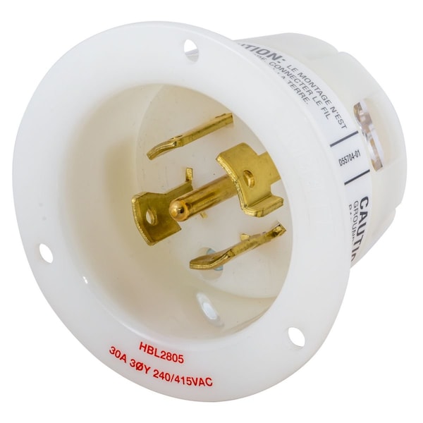 Flanged Locking Inlet, 30 A, 240/415V AC, Three Phase, 4 Pole, Screw Terminals, White
